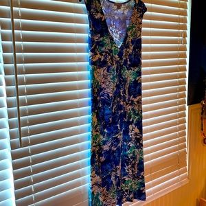 Laura Scott watercolor poppies dress in blues greens and black size Lg